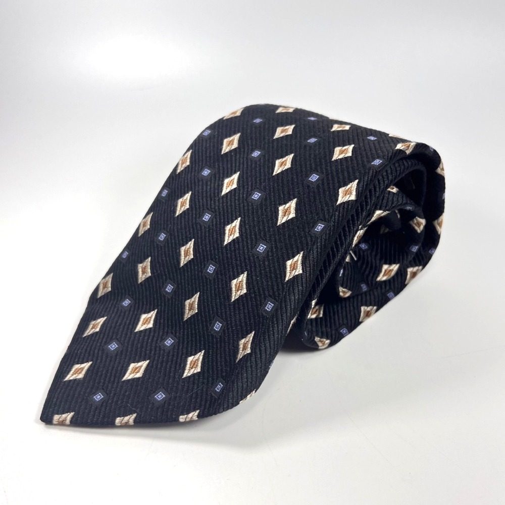 Hickey Freeman Mens Luxury Tie Black w/ Gold-Blue Geomentric Repp Design